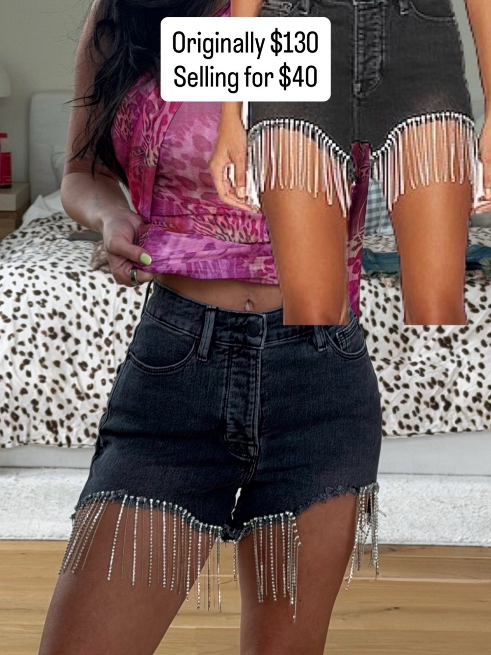 Good American Black Denim Rhinestone Fringe Shorts